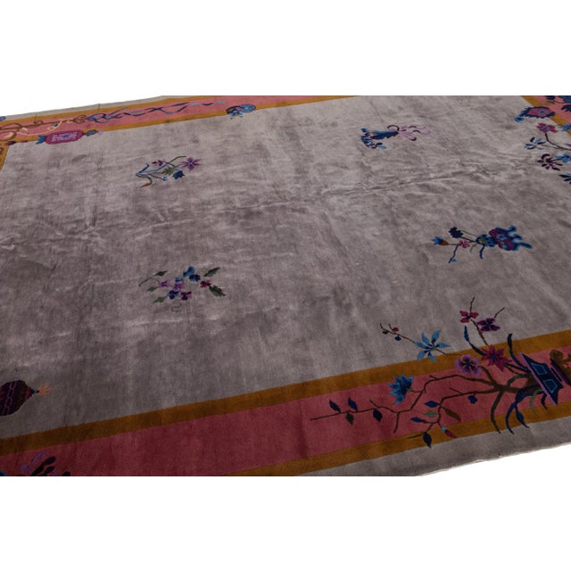 Textile 20th Century Antique Art Deco Handmade Gray Chinese Wool Rug With Floral Design For Sale - Image 7 of 11