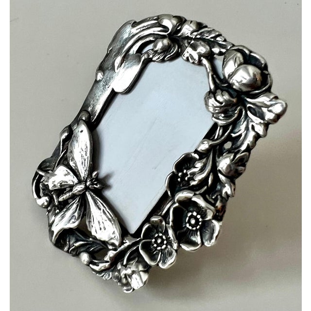 Mid 20th Century Sterling Silver Desk or Bedside Travel Picture Frame with Flowers and Butterfly For Sale - Image 5 of 7