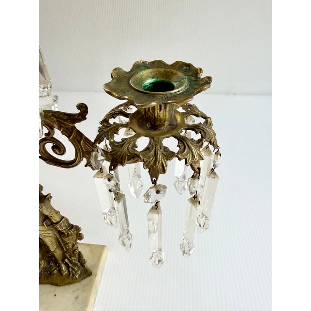 Antique Brass Soldier Victorian 3 Arm Girandole Candlestick With Marble Base & Prisms For Sale In Cleveland - Image 6 of 17