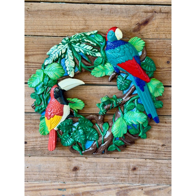 Vintage Tropical Parrot & Toucan Ceramic Wreath Wall Sculpture For Sale - Image 12 of 12