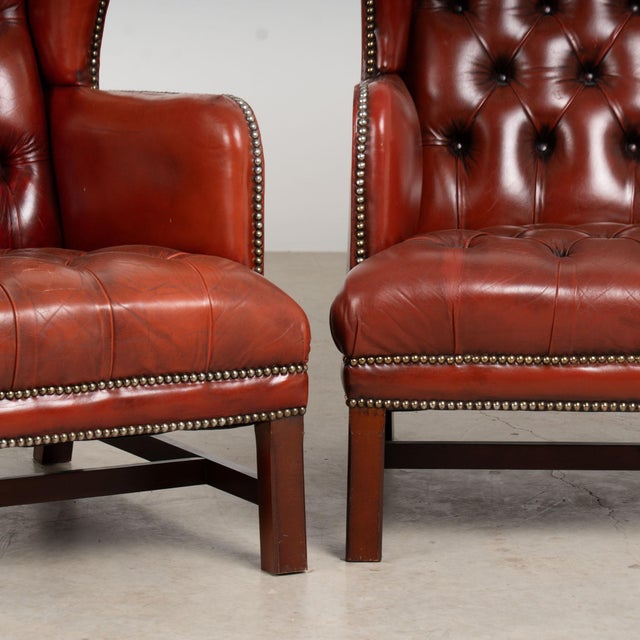 Pair of 20th Century Danish Oxblood Leather Chesterfield Wingback Club Chairs For Sale - Image 16 of 18