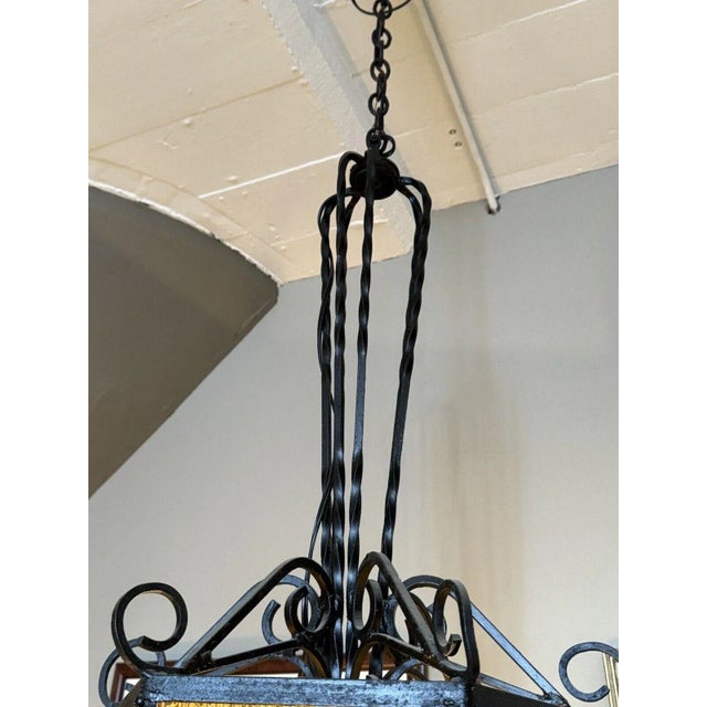 Large Vintage 1950s Mediterranean Wrought Iron Amber Glass Entrance Hall Light For Sale In Minneapolis - Image 6 of 12