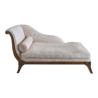 Antique Chaise Longue Upholstered in Fortuny Fabric W/ Carved Wood Frame For Sale
