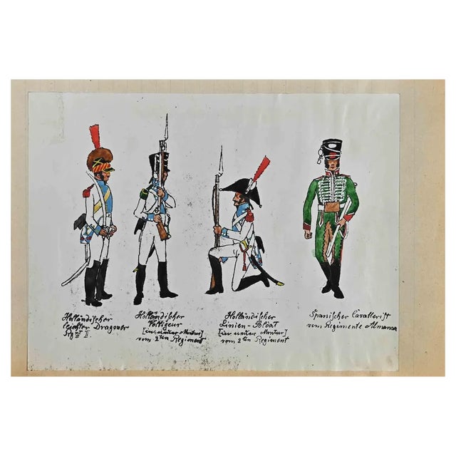 Herbert Knotel, Dutch and Spanish Soldiers, Original Ink & Watercolor Drawing, 1940s For Sale