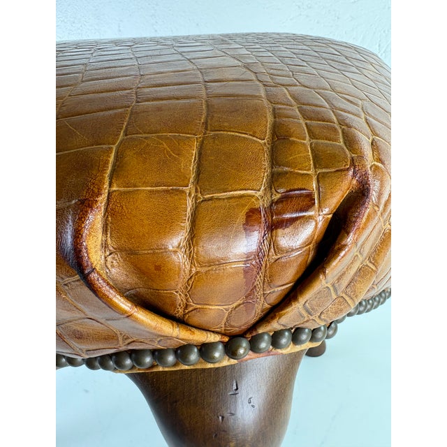 Traditional Ralph Lauren Regency Inspired Leather and Walnut Vanity Bench For Sale - Image 3 of 12