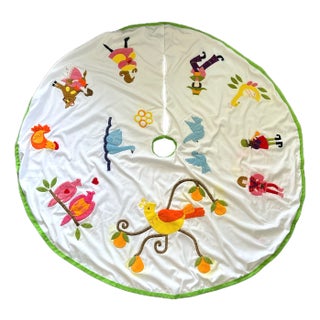 Mid-Century "Twelve Days of Christmas" Hand-Appliquéd 54" Tree Skirt For Sale