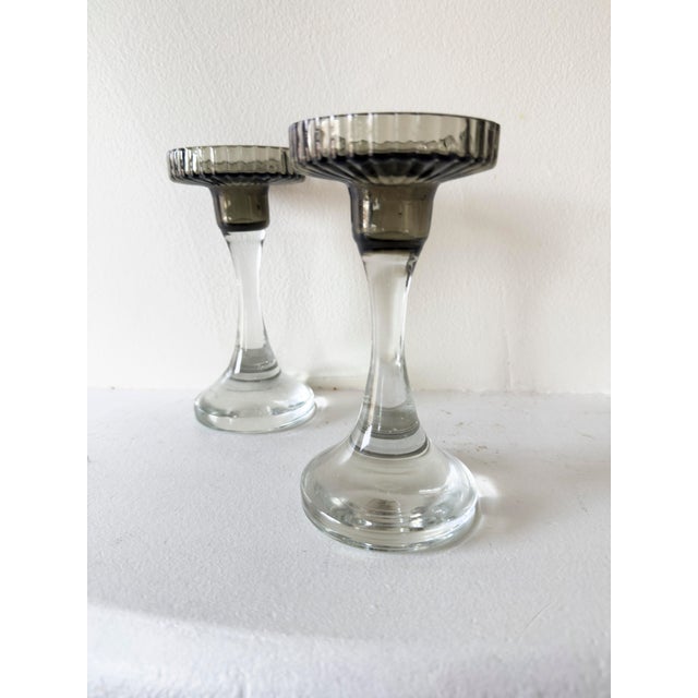 Black Pair of Early 20th Century Art Deco Glass Candlestick Holders For Sale - Image 8 of 9