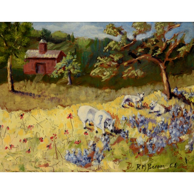 "Yellow Meadow with Sheep" Farmhouse Landscape in Acrylic on Masonite Idyllic pastoral landscape by Richard M. Bacon...