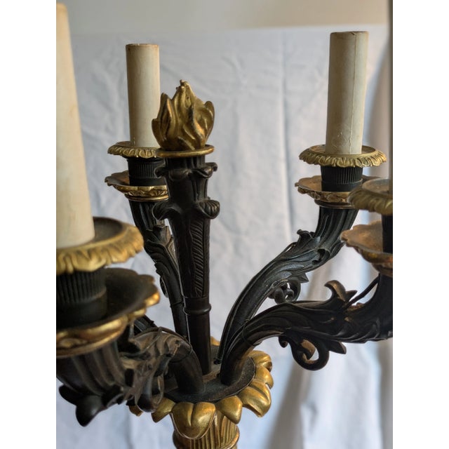 Traditional French Empire Bronze Dore Candelabrum Featuring a Gilt Flame Finial; Possibly Thornier For Sale - Image 3 of 9