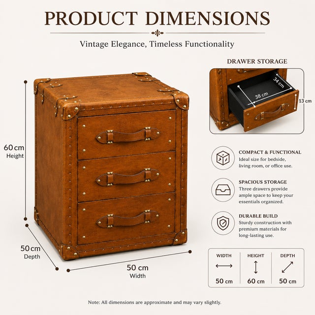 Luxury Handmade Leather Bedside Tables, Pair of Vintage Trunk Nightstands, Leather 3 Drawer Bedside Cabinets With Brass Studs, A Pair For Sale - Image 4 of 14