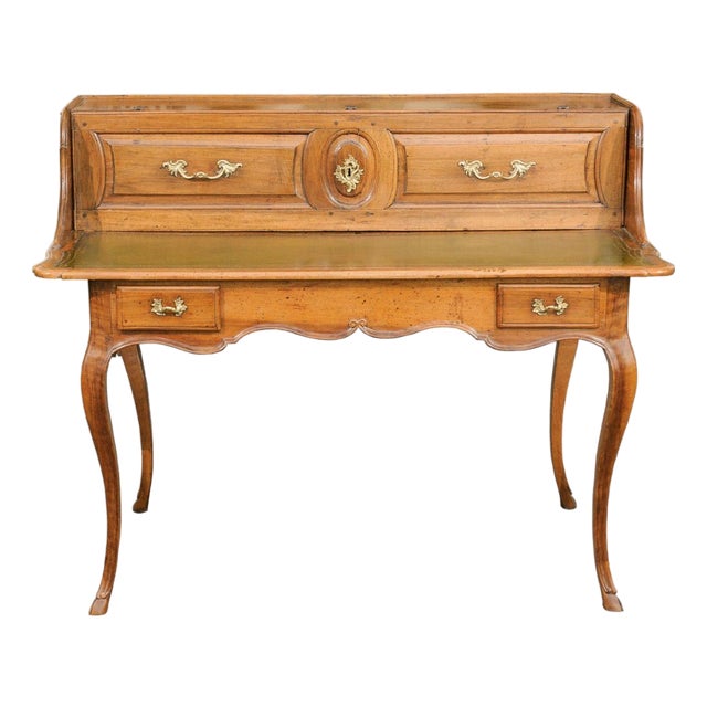 French 1800s Louis XV Style Walnut Desk with Green Leather and Lifting Panel For Sale
