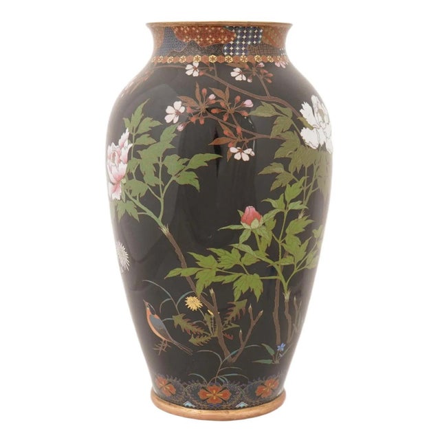 Meiji Japanese Cloisonne Enamel Vase With Birds and Flowers Attributed to Goto For Sale - Image 4 of 9