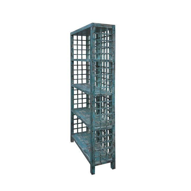 Abstract Distressed Teal Blue Green Grid Style Back Side Bookcase Display Cabinet For Sale - Image 3 of 6