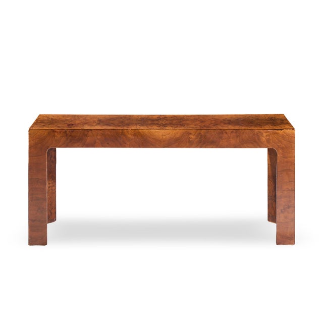 Milo Baughman Style Mid Century Burlwood Console Table This console table measures: 60 wide x 18 deep x 26.25 inches high...