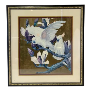 Vintage Palm Beach Regency Framed Cockatoos on Cup of Gold Vine Reproduction Print