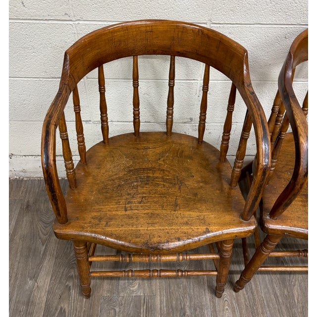 English Antique 19th Century Primitive Oak Barrel Back Pub Chairs Captain’s Arm Chairs For Sale - Image 3 of 11