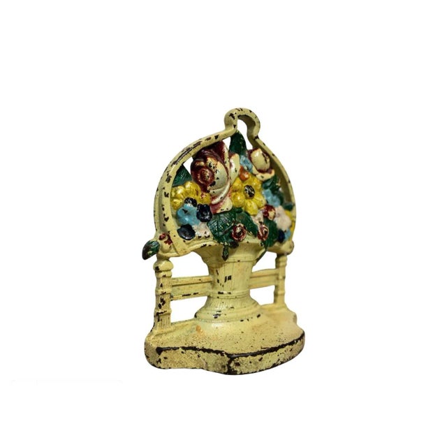 Early 20th Century Early 20th Century Petite Painted Cast Iron Flower Basket Doorstop For Sale - Image 5 of 7
