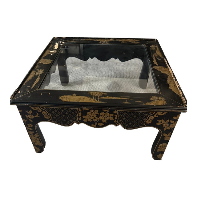 Drexel Heritage Et Cetera Collection Chinoiserie Black Gold & Burl Coffee Table. For Sale