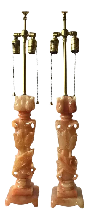 1950s Hand Carved Italian Alabaster Floral Lamps - a Pair