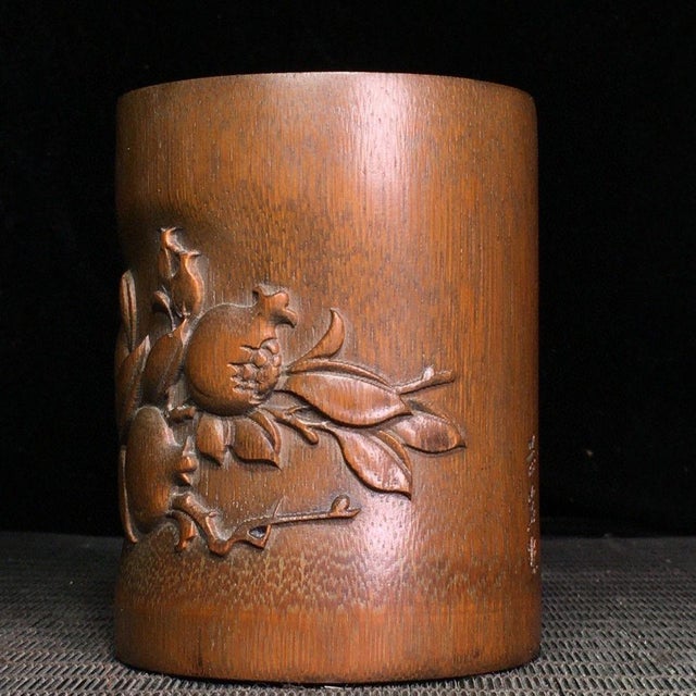 Hand-Carved Bamboo Brush Pot With Pomegranate Motif For Sale - Image 4 of 9