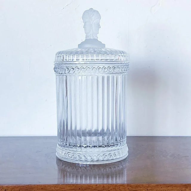 Antique Three-Faces Biscuit Jar in Glass With Satin Glass Three-Face Handle For Sale - Image 9 of 9