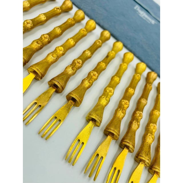 Mid-Century Modern Vintage Gold Tone Bamboo-Style Cocktail Forks From Buffums’ Dept. Store - Set of 12 For Sale - Image 3 of 11
