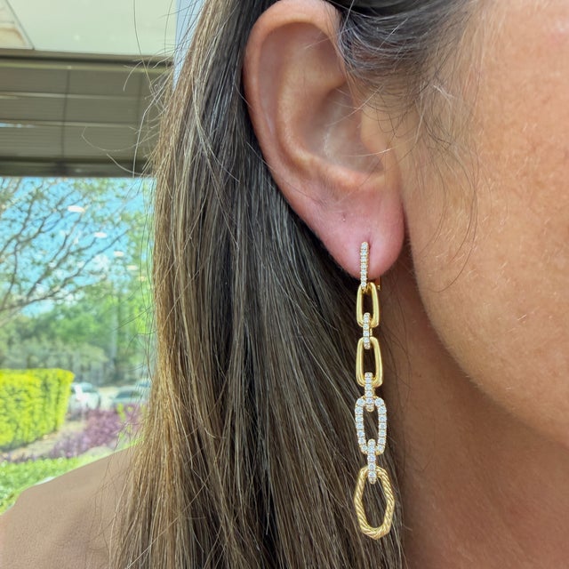 Gold David Yurman 18k Yellow Gold Pave Diamond Multi-Link Dangle Drop Earrings For Sale - Image 8 of 8