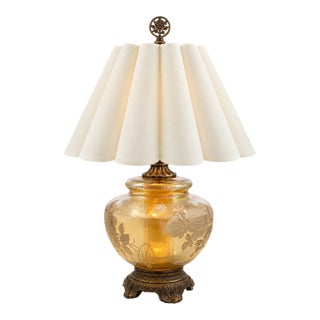Vintage Etched Amber Glass Rose Urn Lamp With Illuminated Base and Pleated Shade For Sale