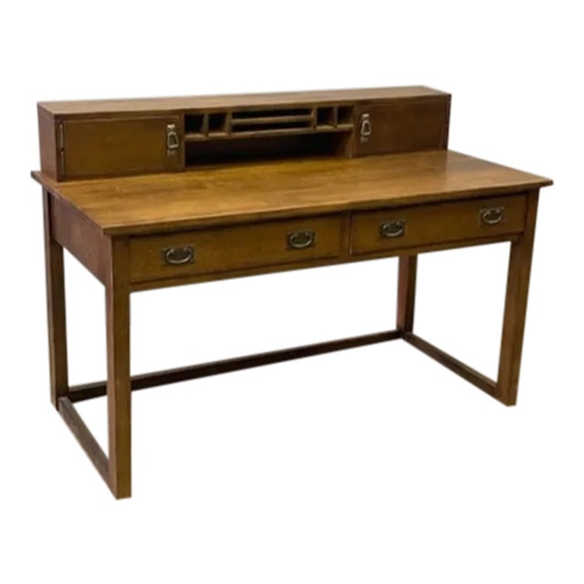 Crafters and Weavers Mission Style Oak Library Table With Hutch - Walnut For Sale