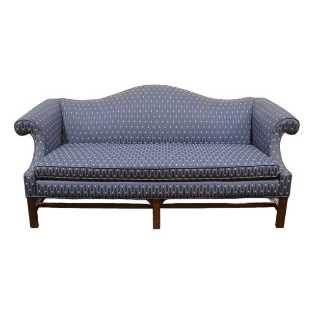 Century Ethan Allen Chippendale Style Cameback Sofa W Stretcher Base and Rolled Arms For Sale