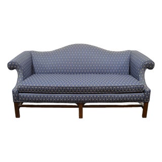Late 20th Century Ethan Allen Chippendale Style Cameback Sofa W Stretcher Base and Rolled Arms For Sale