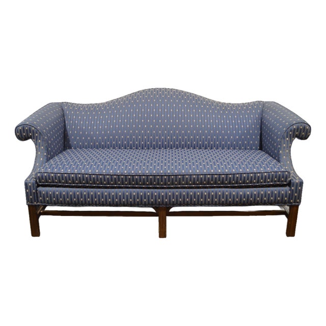 Late 20th Century Ethan Allen Chippendale Style Cameback Sofa W Stretcher Base and Rolled Arms For Sale