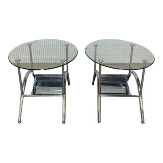 Mid 20th Century Mid Century Modern Chrome and Oval Glass Top Side Tables - a Pair For Sale