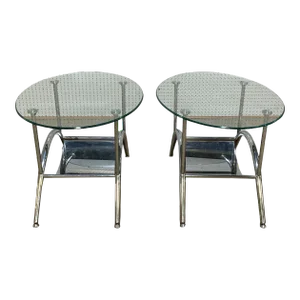 Mid 20th Century Mid Century Modern Chrome and Oval Glass Top Side Tables - a Pair