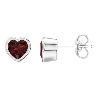 Garnet Heart Shape Studs, Bezel Setting Garnet Studs, January Birthstone Studs - A Pair For Sale