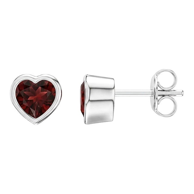 Garnet Heart Shape Studs, Bezel Setting Garnet Studs, January Birthstone Studs - A Pair For Sale