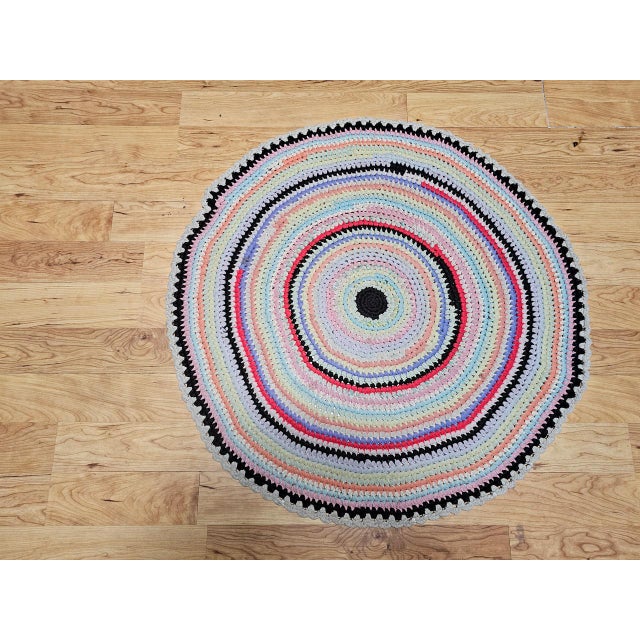 American Antique American Braided Round Rug, Handwoven Folk Art, Red & Blue, 3x4 For Sale - Image 3 of 10