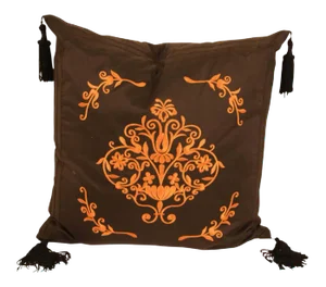 Embroidered Black Silk Decorative Throw Pillow with Tassels
