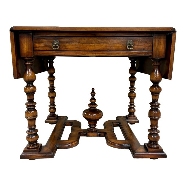 Vintage French Louis XIII Style Drop Leaf Leather Top Table by John Richard For Sale