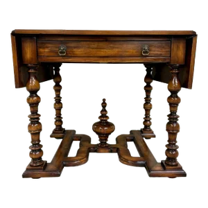 Vintage French Louis XIII Style Drop Leaf Leather Top Table by John Richard