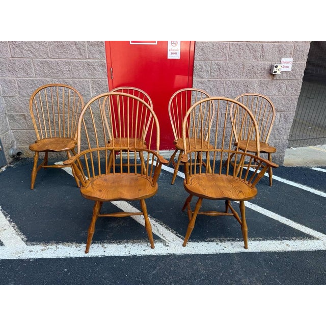 Late 20th Century Bent Brothers Colonial Style Bow Back Windsor Oak Wood Dining Chairs For Sale - Image 15 of 16