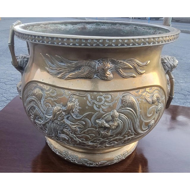 Late 19th Century Chinese Hammered & Engraved Brass Jardinière Planter For Sale - Image 4 of 10