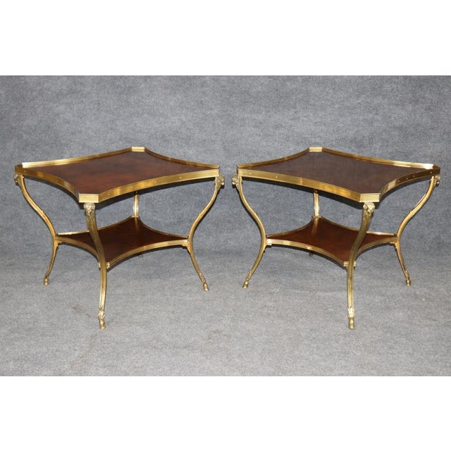 Wood Pair of Directoire Style Brass Ramshead Two Tier Gueridon End Tables For Sale - Image 7 of 13