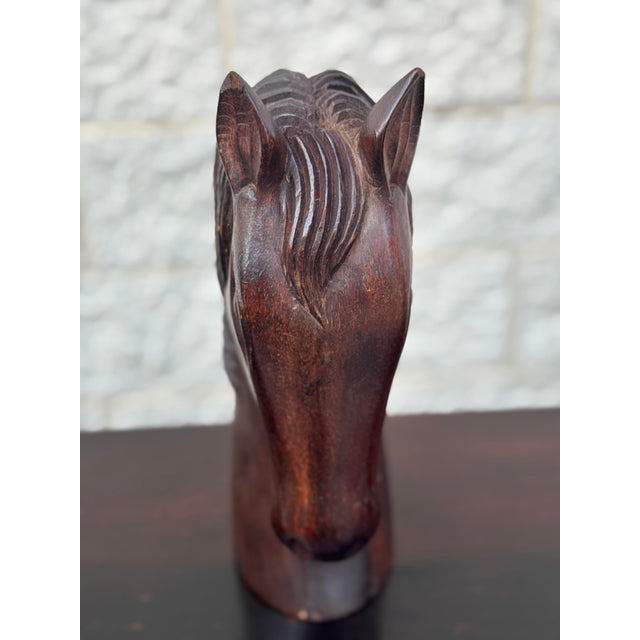 Vintage Equestrian Horse Head Sculptures in Dark Carved Wood - A Pair For Sale - Image 11 of 12