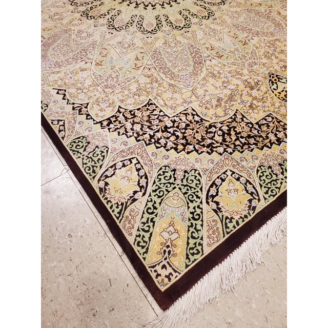 Late 20th Century Rare Finely Woven Persian Silk Qum, Handmade Oriental Rug, Ivory, Brown For Sale - Image 13 of 18