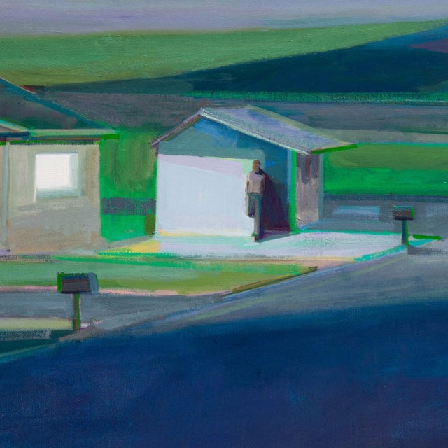 Evening Shed by Hiroshi Sato | Oil on canvas Landscape with shed and house at dusk For Sale - Image 4 of 5