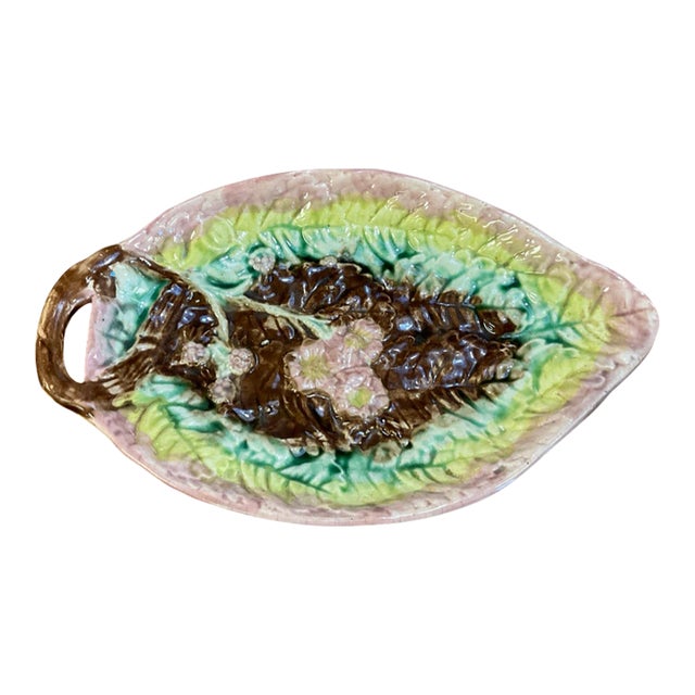 Late 19th Century Pink, Green and Brown Majolica Leaf Dish For Sale
