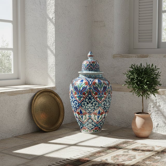 Turkish Handmade Ceramic Grand Shah Vase with Lid (60cm) Imperial Floral Lattice Pattern For Sale - Image 3 of 9