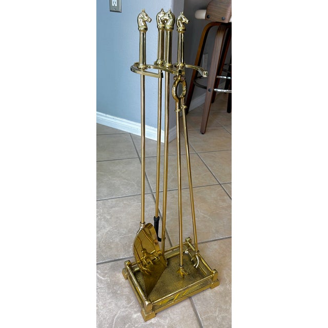 Mid-Century Modern Equestrian Cast Brass Fireplace Tools Horse Head Motif For Sale - Image 3 of 16