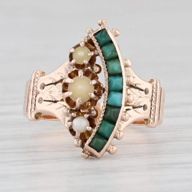 Victorian Victorian Pearl Green Stone Ring 14k Rose Gold Size 3.5 Ornate Antique For Sale - Image 3 of 7